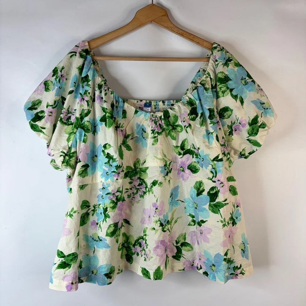 Old Navy Blouse Women 3X Multicolor Floral Puff Sleeve Smocked Square Neck